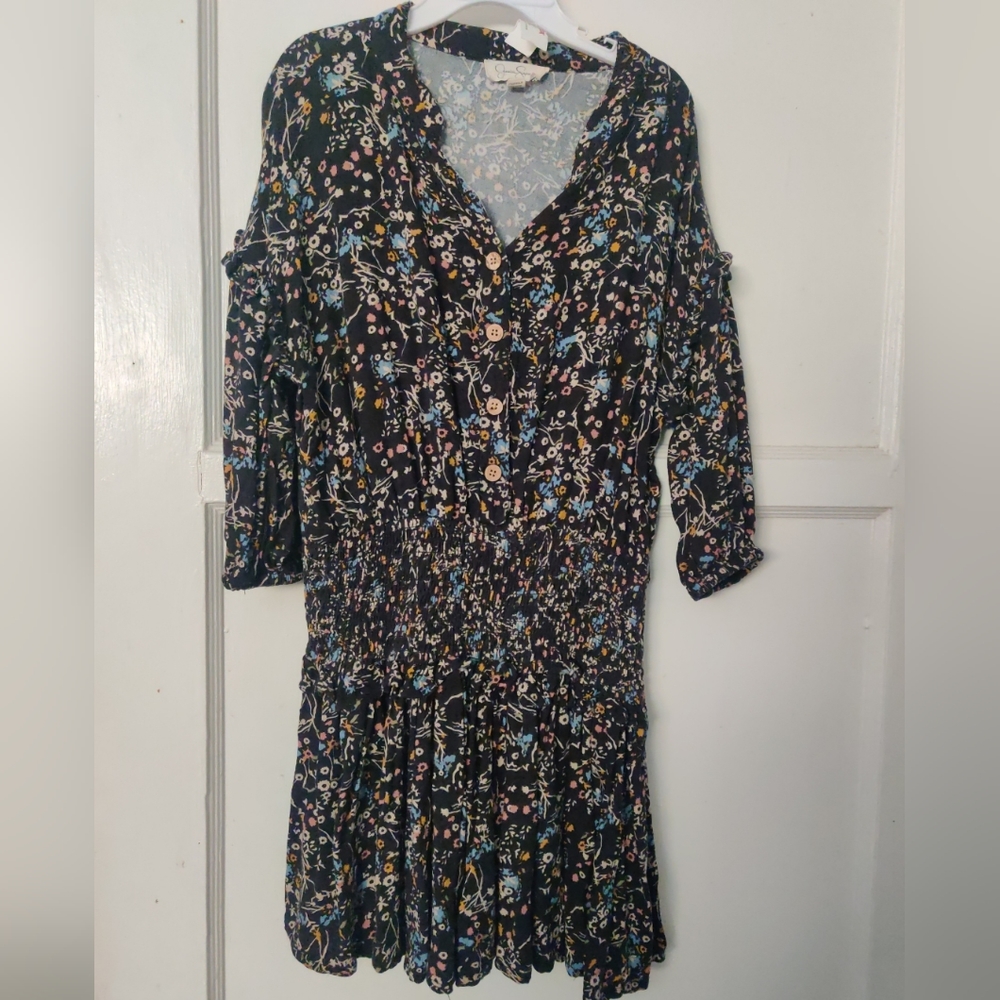 Jessica Simpson Smocked Floral Print Button Front Dress Black M(8)